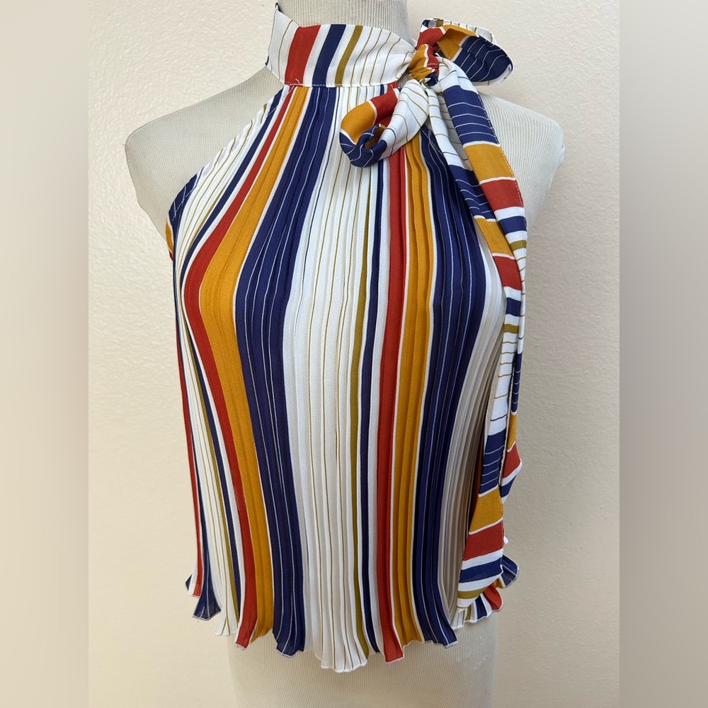 Forever 21 Contemporary Striped Pleated Halter Top XS Multicolor Bow Neck Blouse